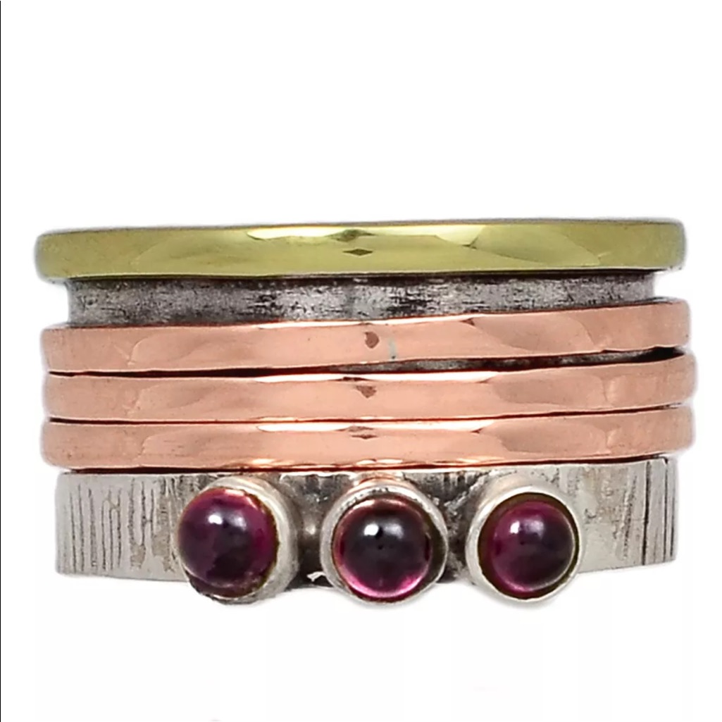 Boutique 2-Tone Garnet Spin 925 Silver Ring Sz 7.5